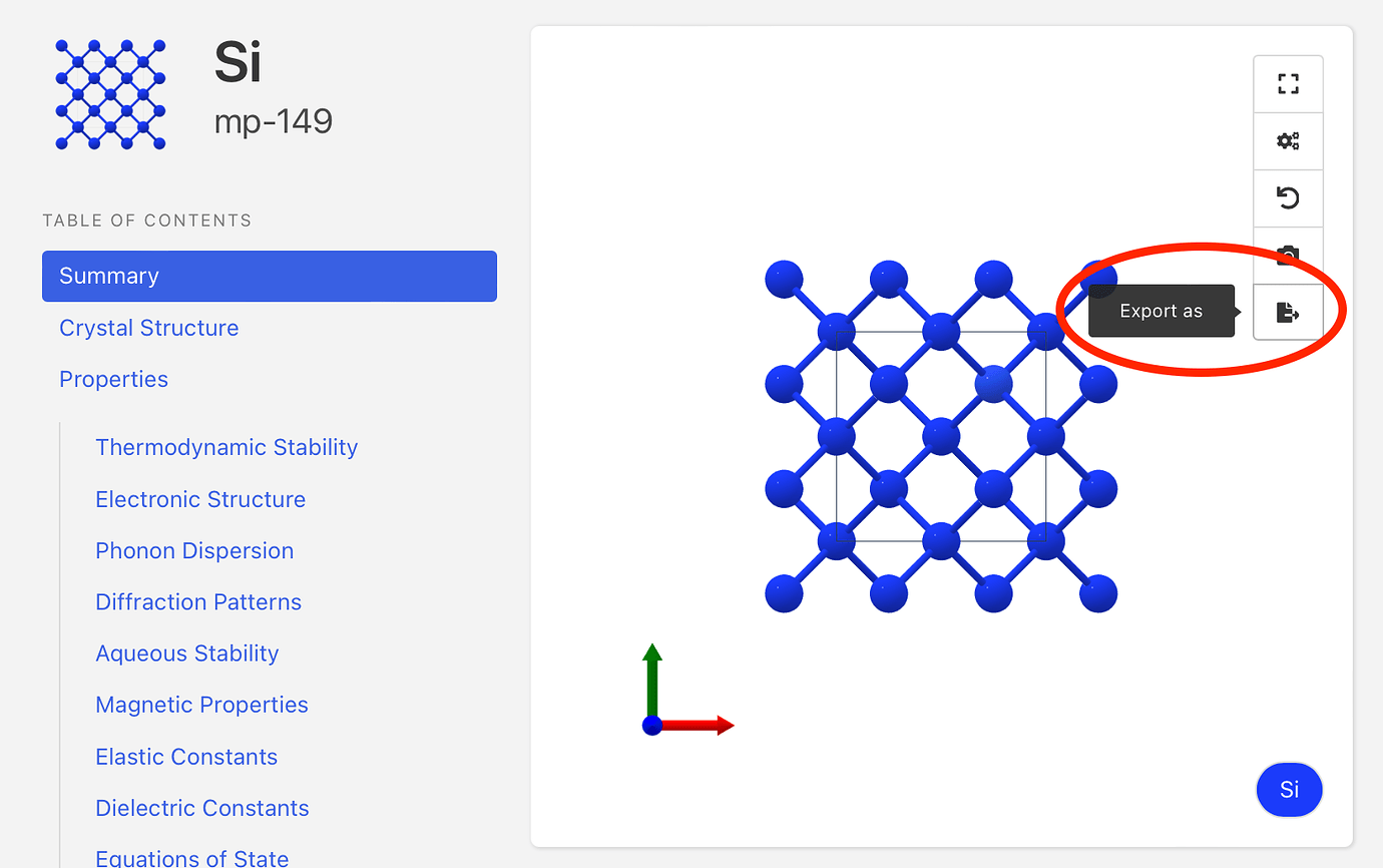 Finding and downloading a cif file Materials Project Materials