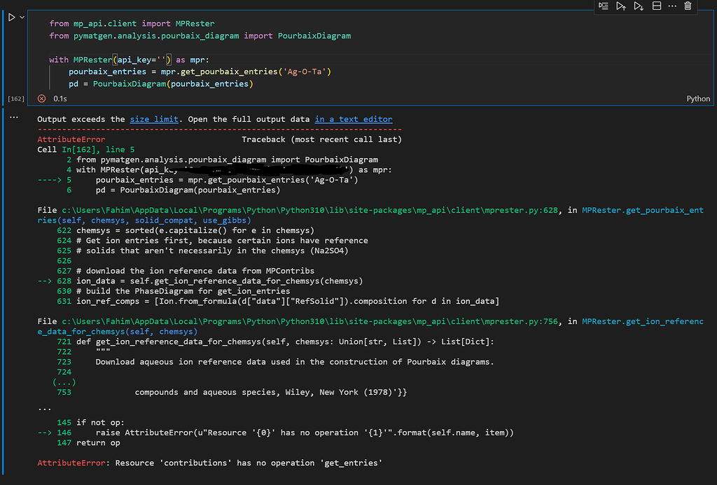 Error generating pourbaix diagram Materials Project Data/API
