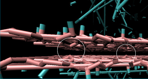 Side view of the graphene sheets showing C-F bonding and potentially missing C-C bonds (Dynamic bonds view))